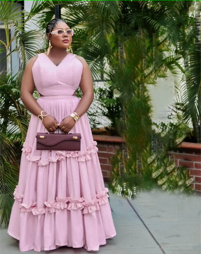 Ruffle maxi dress, sleeveless V-neck, tiered skirt, pink