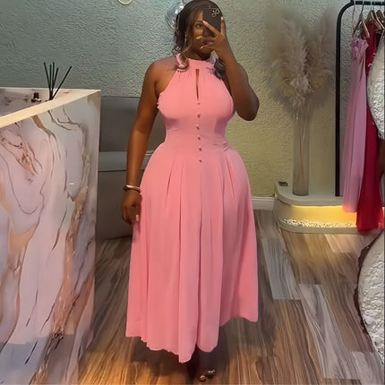 Pink halter midi dress with button bodice and pleated, full skirt