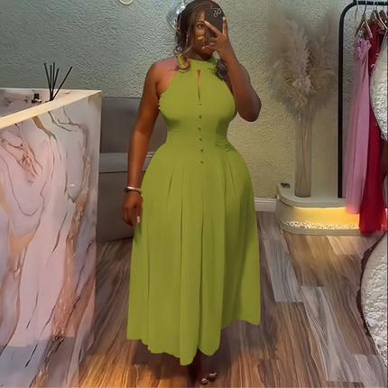 Yellow-green halter midi dress with button bodice and pleated, full skirt