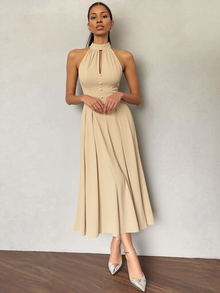 Tan halter midi dress with button bodice and pleated, flared skirt