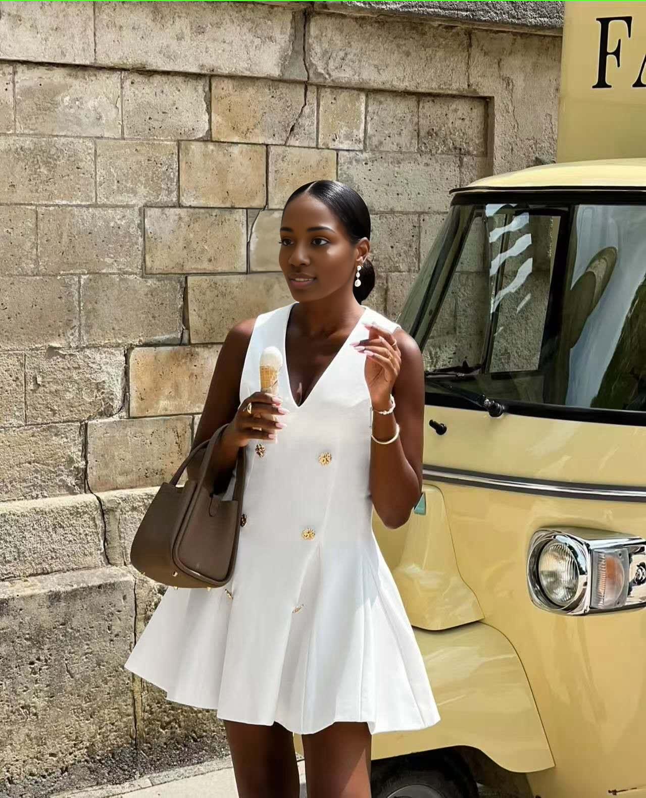 Women's Sleeveless Blazer-Inspired Dress with Gold Button Detail