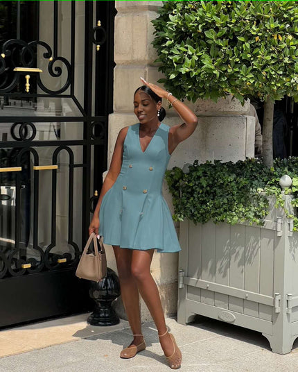 Women's Sleeveless Blazer-Inspired Dress with Gold Button Detail