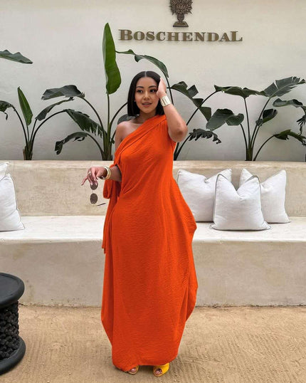 Orange-red one-shoulder maxi dress, layered loose fit with draped skirt