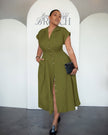 - Button-Front Slit Dress with Lapel and Short Sleeves