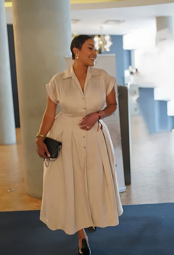 Tan button-front midi dress with lapel collar and side slit