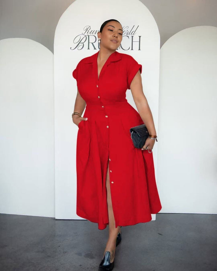 Red button-front midi dress with lapel collar and side slit