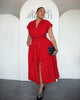 Red button-front midi dress with lapel collar and side slit