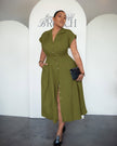 Army-green button-front midi dress with lapel collar and side slit