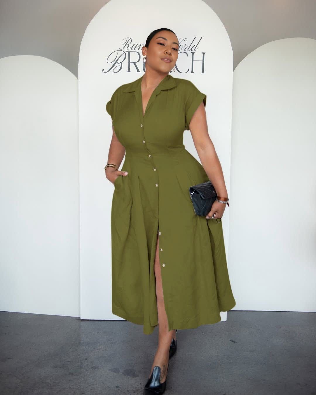 Army-green button-front midi dress with lapel collar and side slit