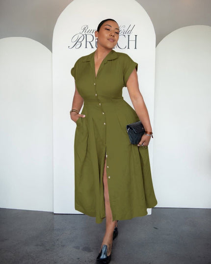 Army-green button-front midi dress with lapel collar and side slit