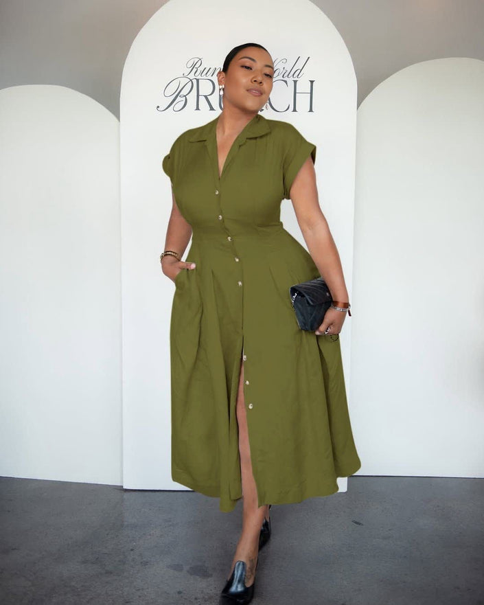 Army-green button-front midi dress with lapel collar and side slit