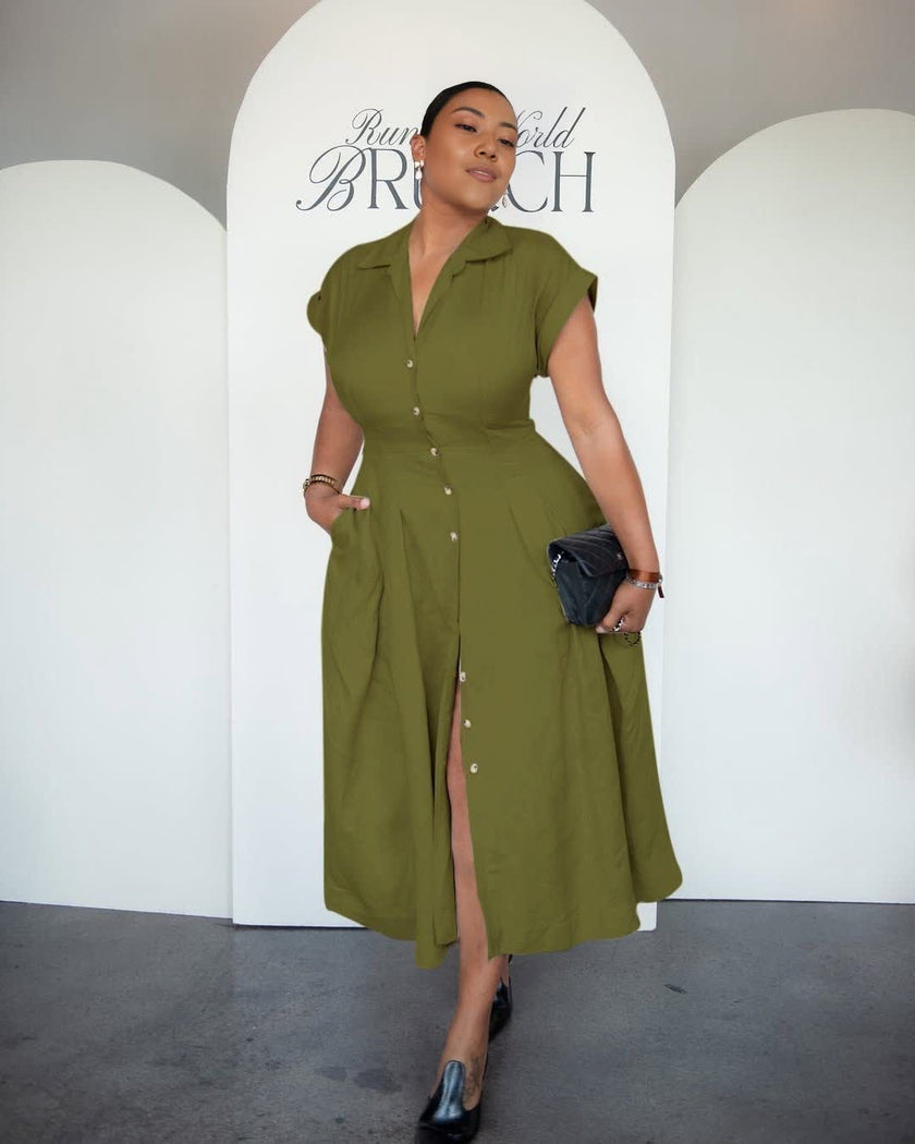 Army-green button-front midi dress with lapel collar and side slit