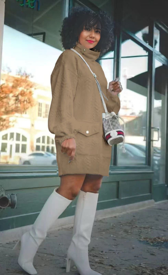 Textured turtleneck pocket dress, khaki, long sleeves