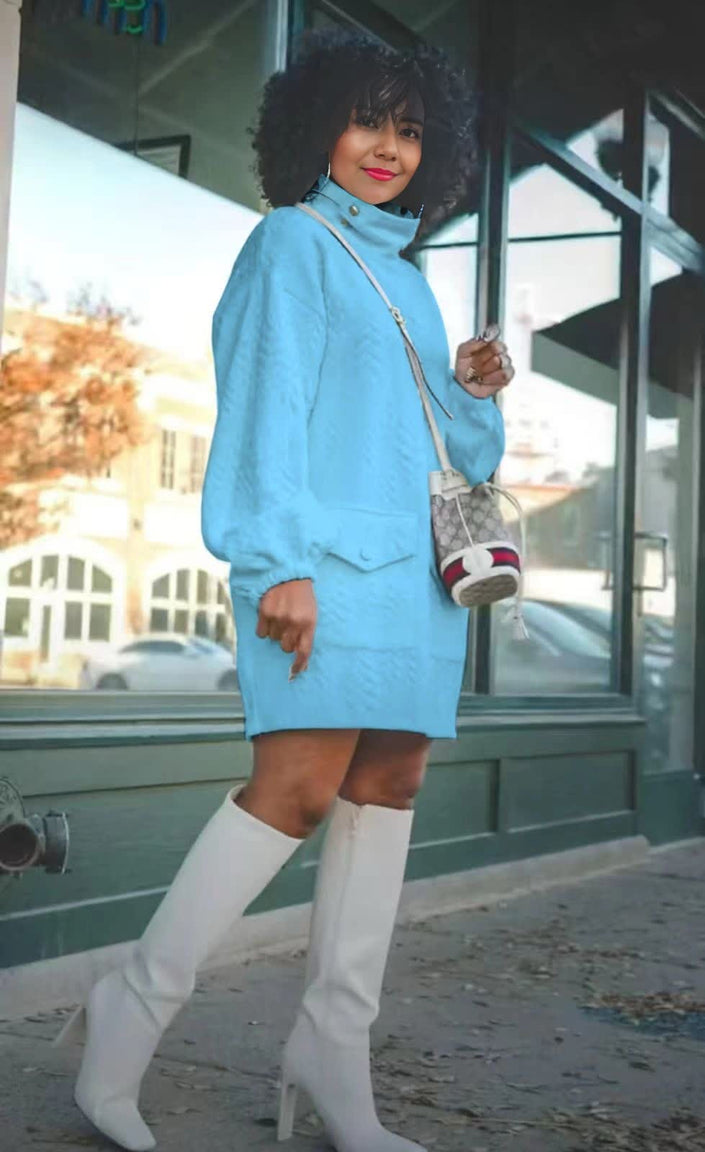 Textured turtleneck pocket dress, sky-blue, long sleeves