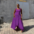Purple pleated high-low dress with square neckline and sleeveless asymmetric hem