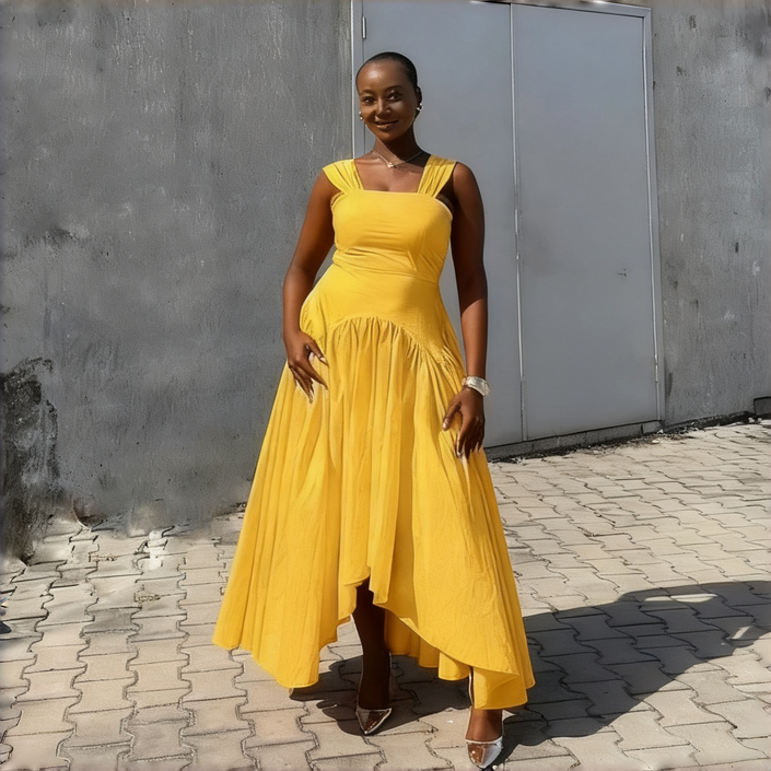Yellow pleated high-low dress with square neckline, sleeveless bodice, asymmetric hem