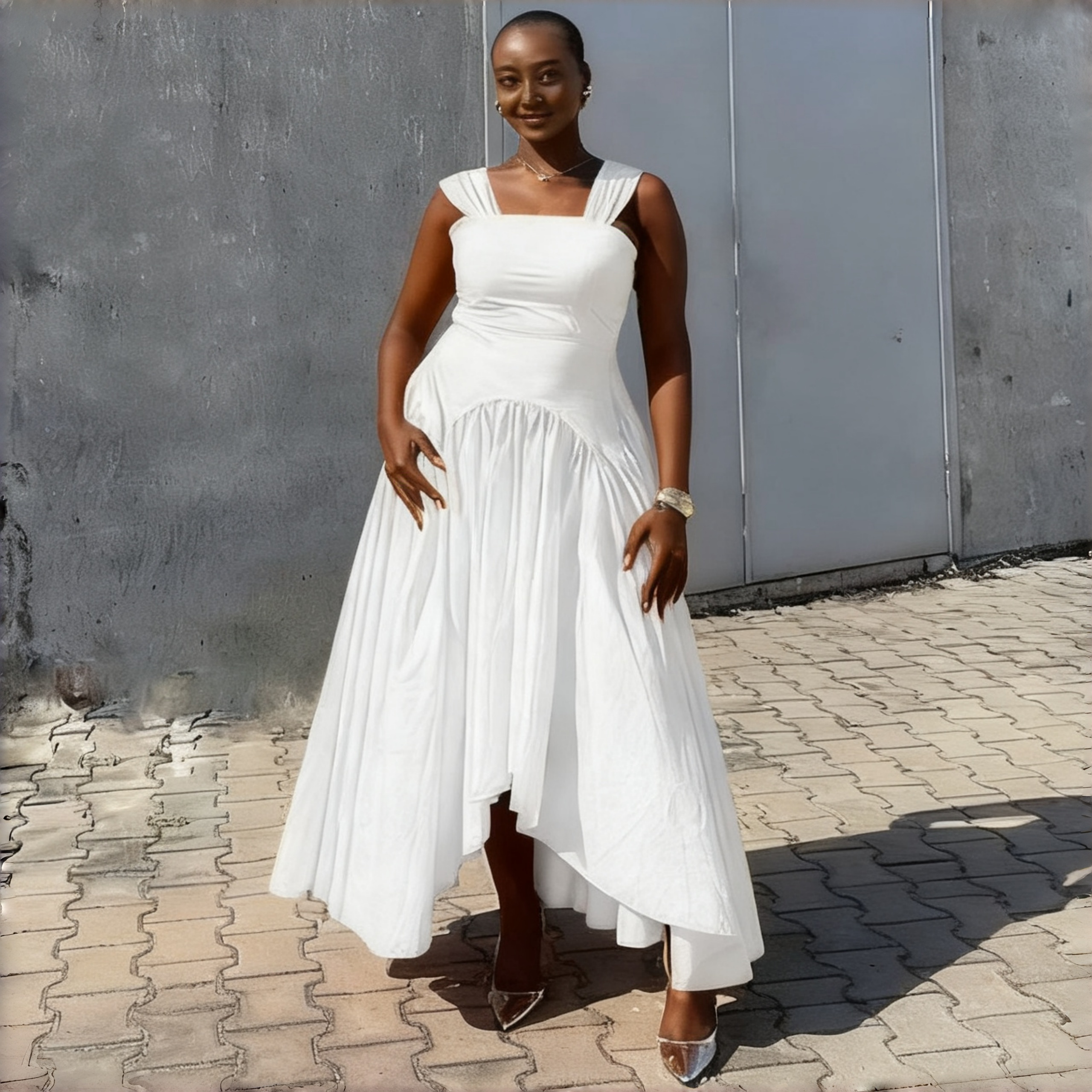 White pleated high-low dress with square neckline, sleeveless straps, asymmetric hem