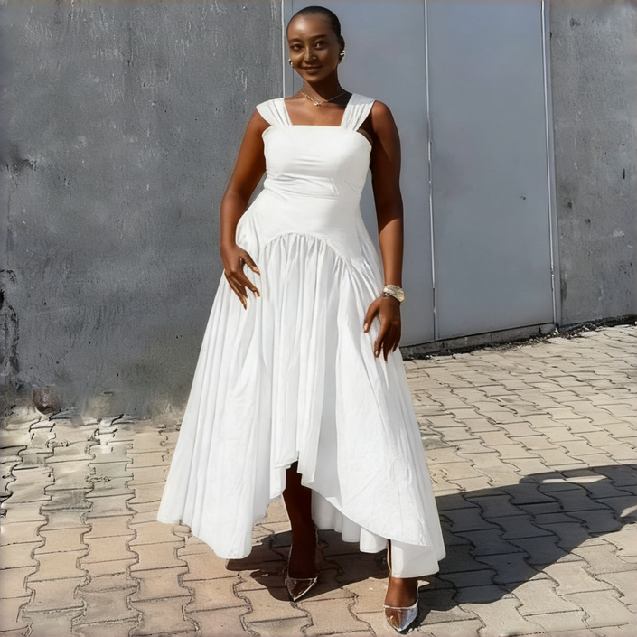 White pleated high-low dress with square neckline, sleeveless straps, asymmetric hem