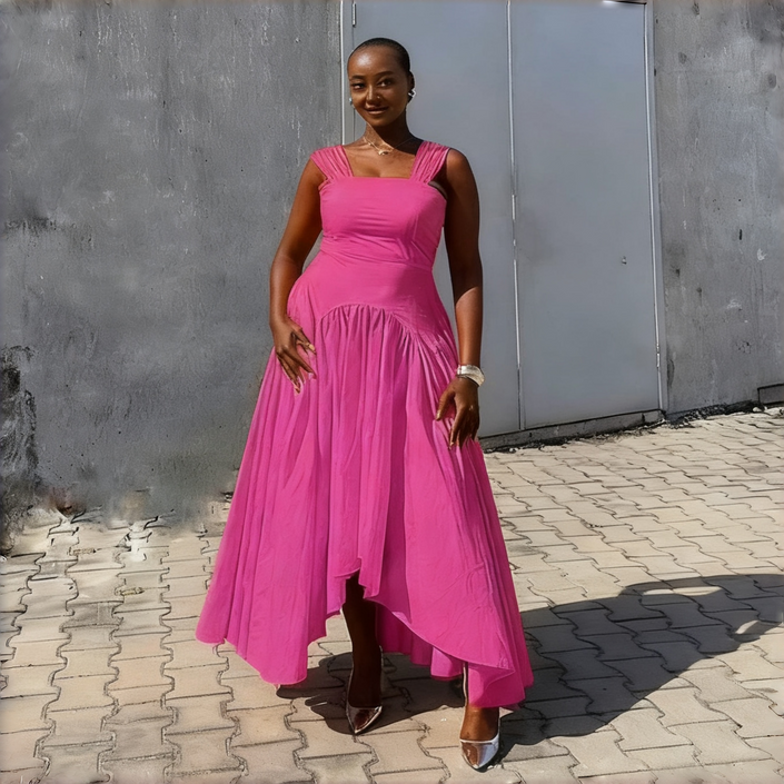 Fuchsia pleated high-low dress with square neckline and sleeveless asymmetric hem