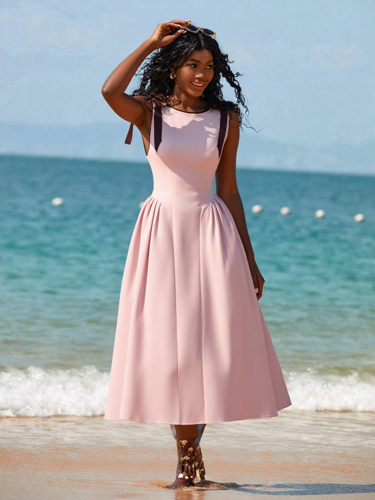 Pink midi dress with bow-tie adjustable straps, sleeveless fitted bodice and flared skirt
