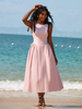 Pink midi dress with bow-tie adjustable straps and flared skirt