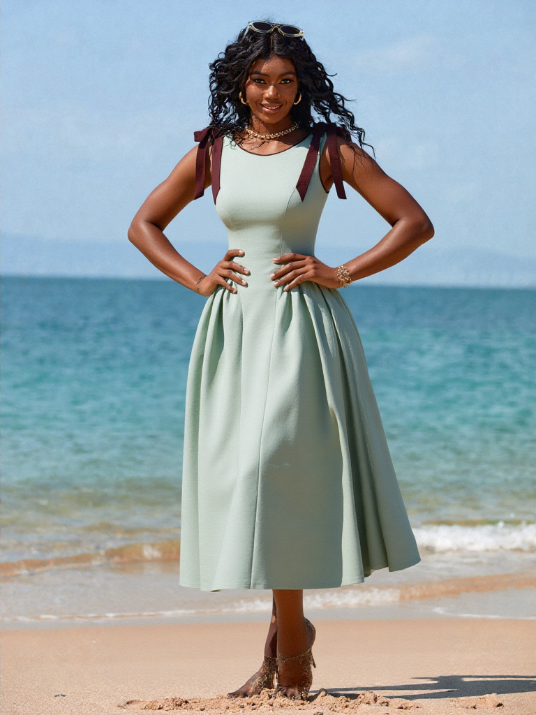 Mint-green midi dress with bow-tie adjustable straps, sleeveless fitted bodice and pleated skirt