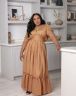 Brown maxi dress with gathered waist and tiered ruffle hem