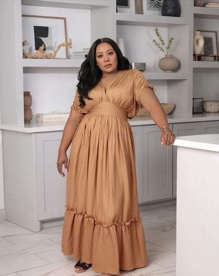 Brown maxi dress with gathered waist and tiered ruffle hem