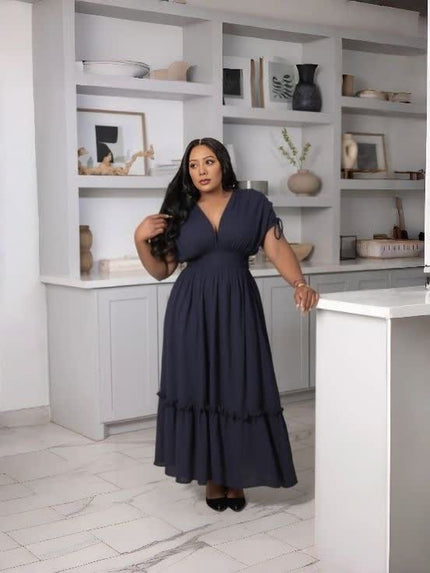 Navy maxi dress with gathered waist and ruffle hem, V-neckline
