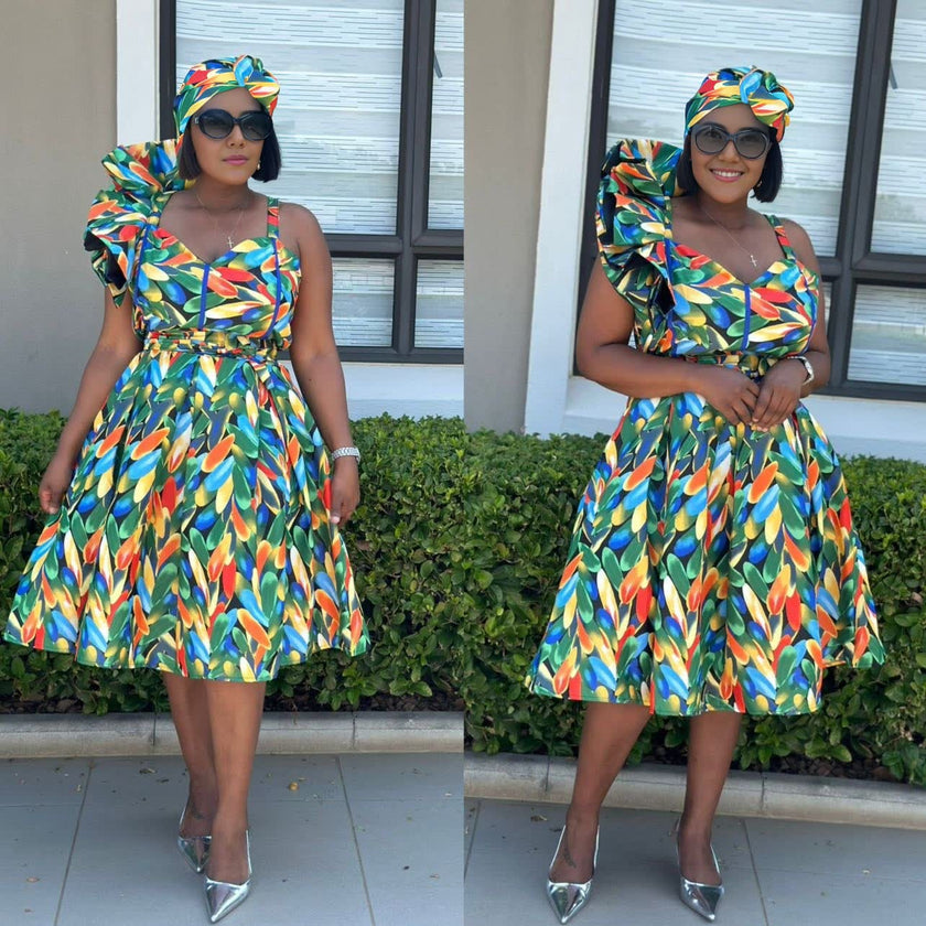 Asymmetrical One-Shoulder Ruffle Geometric Print Dress