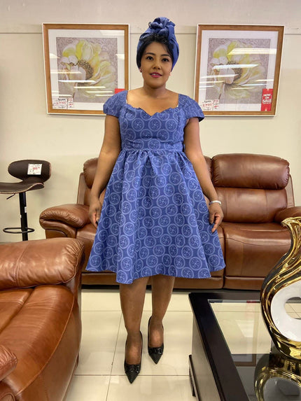 Blue printed midi dress with puff sleeves and gathered skirt, square neckline