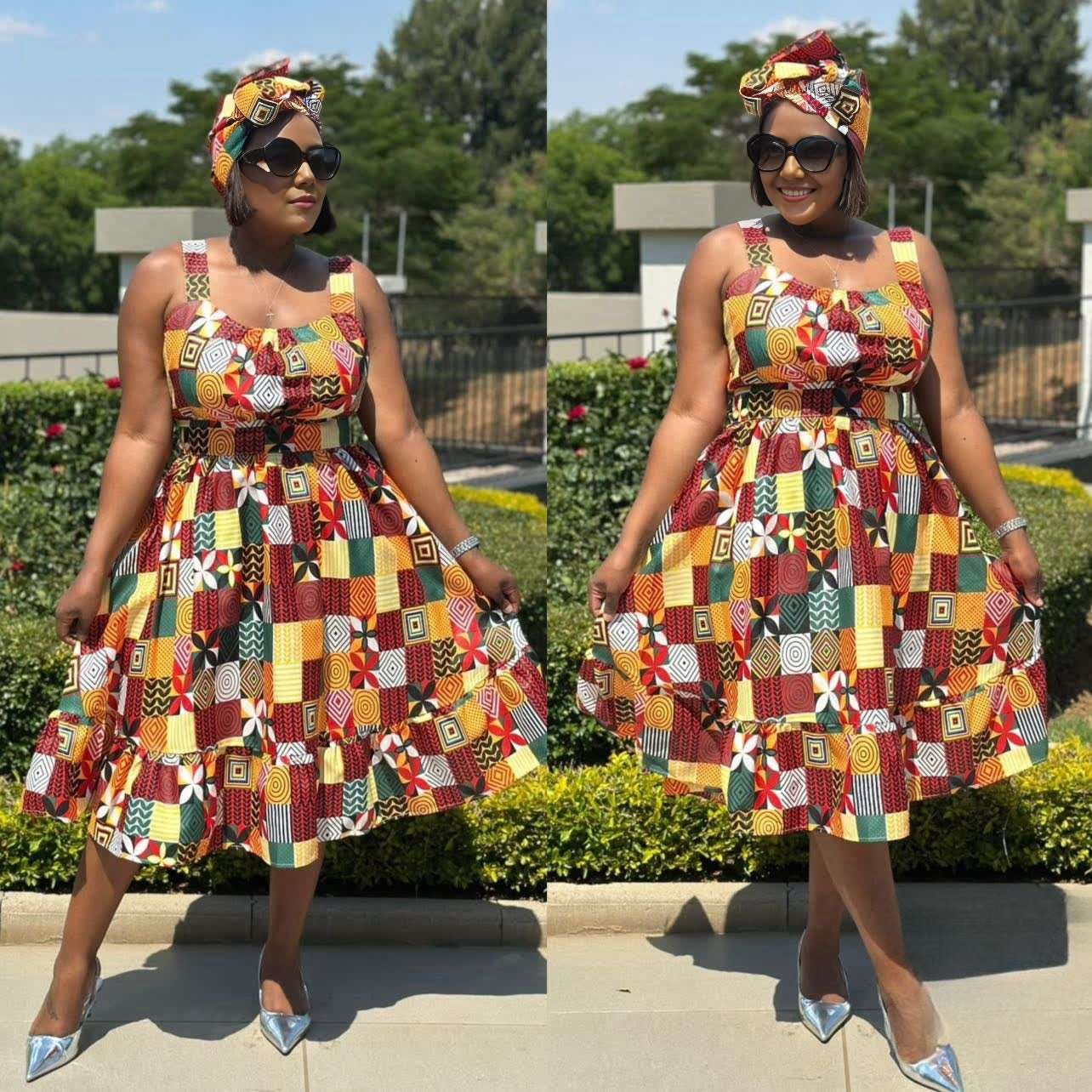 Sleeveless geometric midi dress with multicolor African print, flared skirt