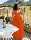 Maxi sleeveless gathered-waist dress in orange with V-neck bodice