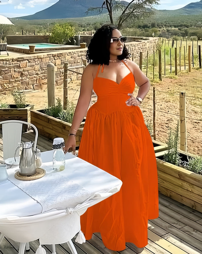 Maxi sleeveless gathered-waist dress in orange with V-neck bodice