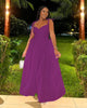Sleeveless V-Neck Gown with Gathered Waist and Flowing Skirt