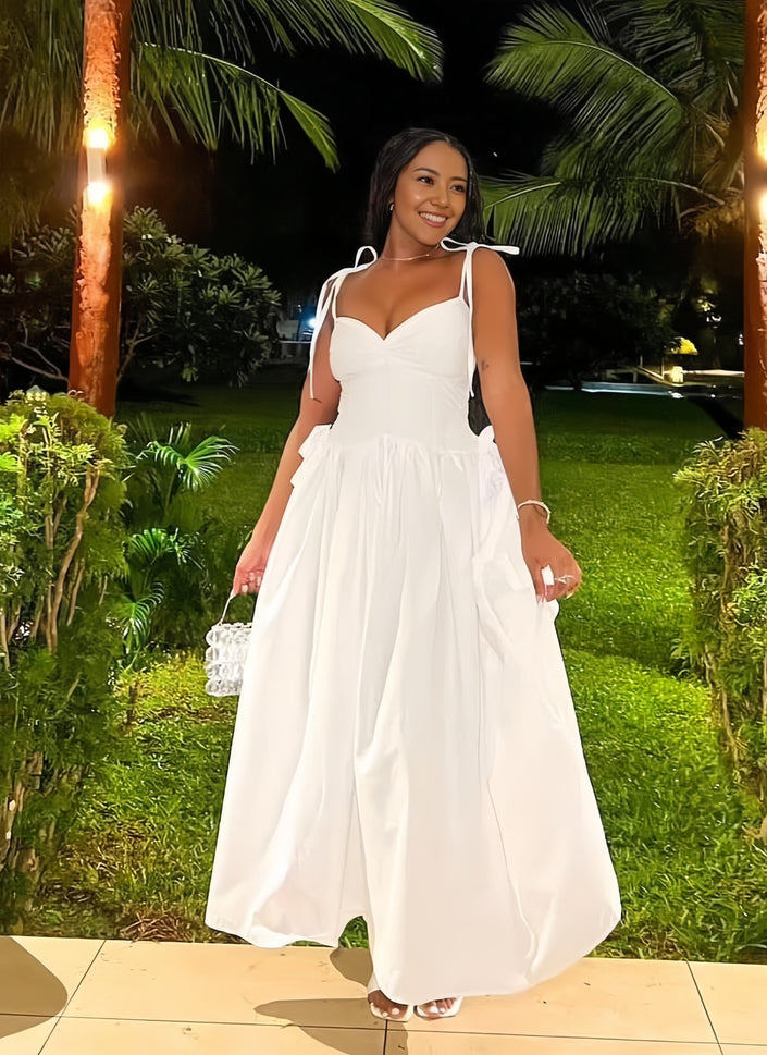 Maxi sleeveless gathered-waist dress in white with tie straps