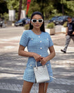 Textured knit mini dress in sky blue, button-front, short sleeves
