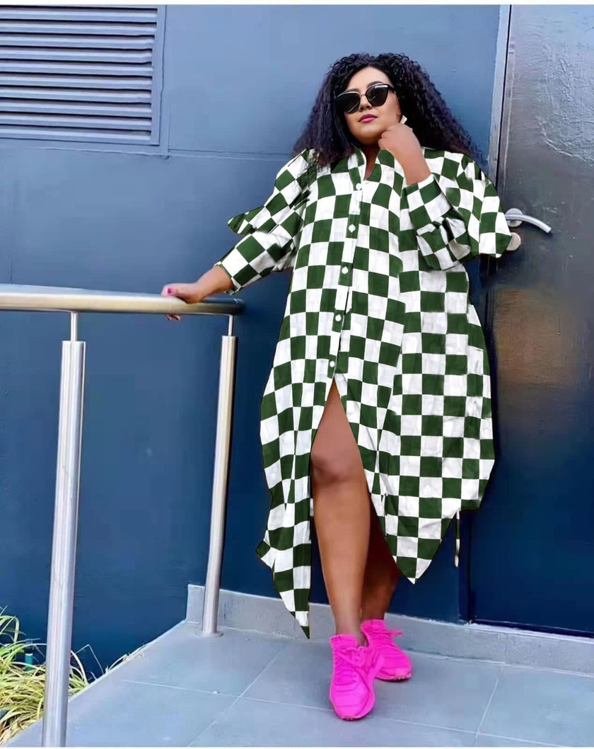 Geometric check maxi dress with oversized fit, green and white, side slit
