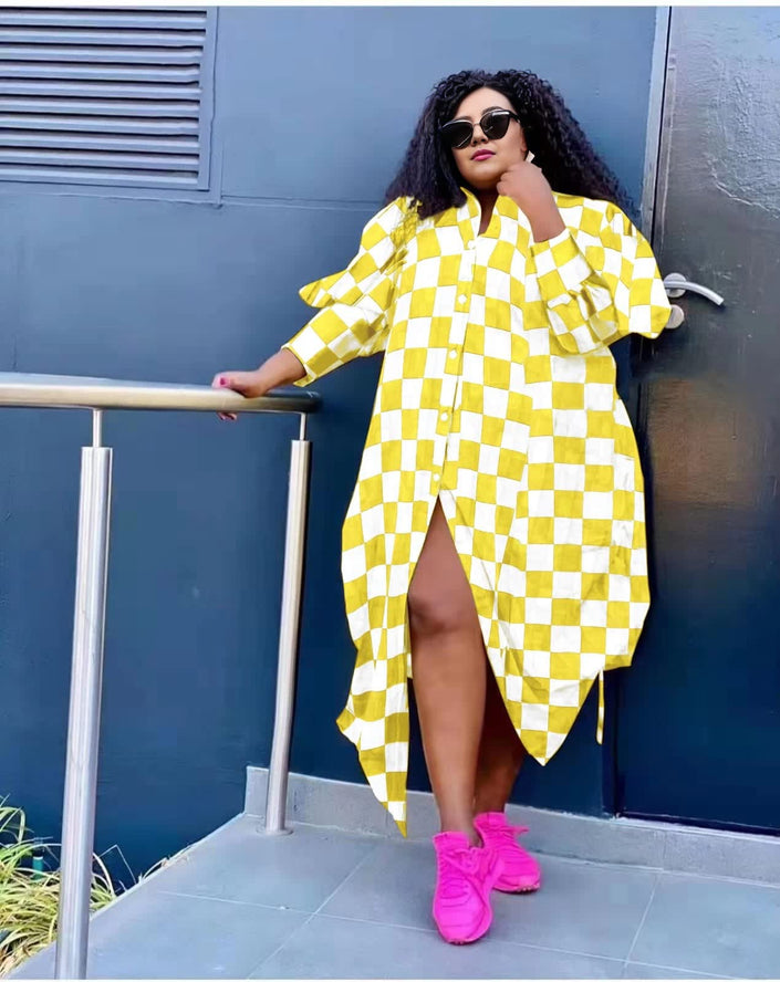 Geometric check maxi dress with oversized fit, yellow and white, side slit