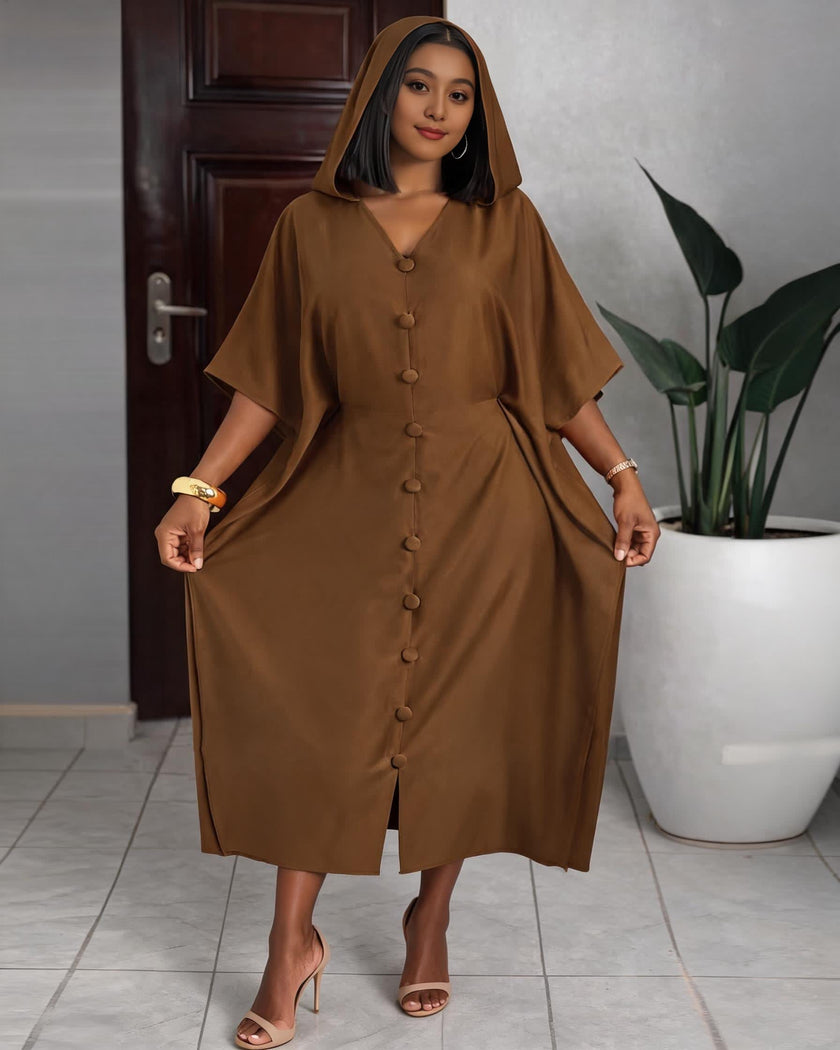 Coffee-brown hooded button-front loose fit maxi dress with short sleeves and V neckline
