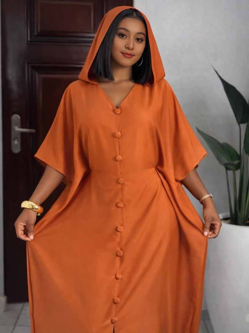 Orange hooded button-front loose fit maxi dress with short sleeves and V neckline