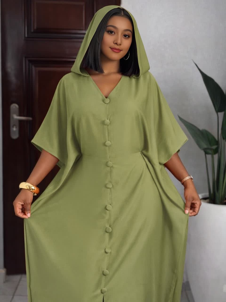 Olive hooded button-front loose fit maxi dress with short sleeves and V neckline