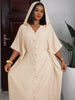 Beige hooded button-front loose fit maxi dress with short sleeves and V neckline