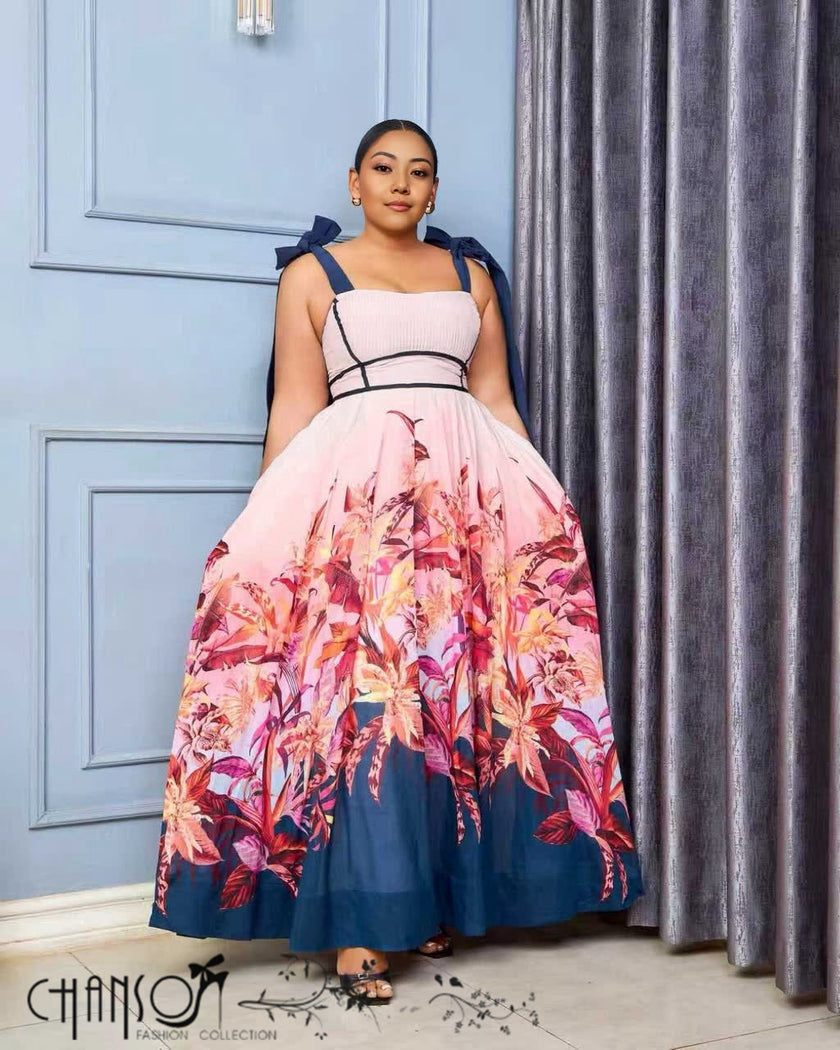 Maxi Evening Dress Square Neck Bow Straps High Waist Full A Line Skirt Allover Floral Print For Wedding Banquet Party