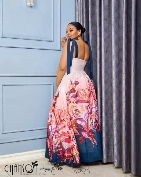 Maxi Evening Dress Square Neck Bow Straps High Waist Full A Line Skirt Allover Floral Print For Wedding Banquet Party