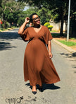 Coffee brown V-neck short-sleeve maxi dress with relaxed silhouette and flowy skirt
