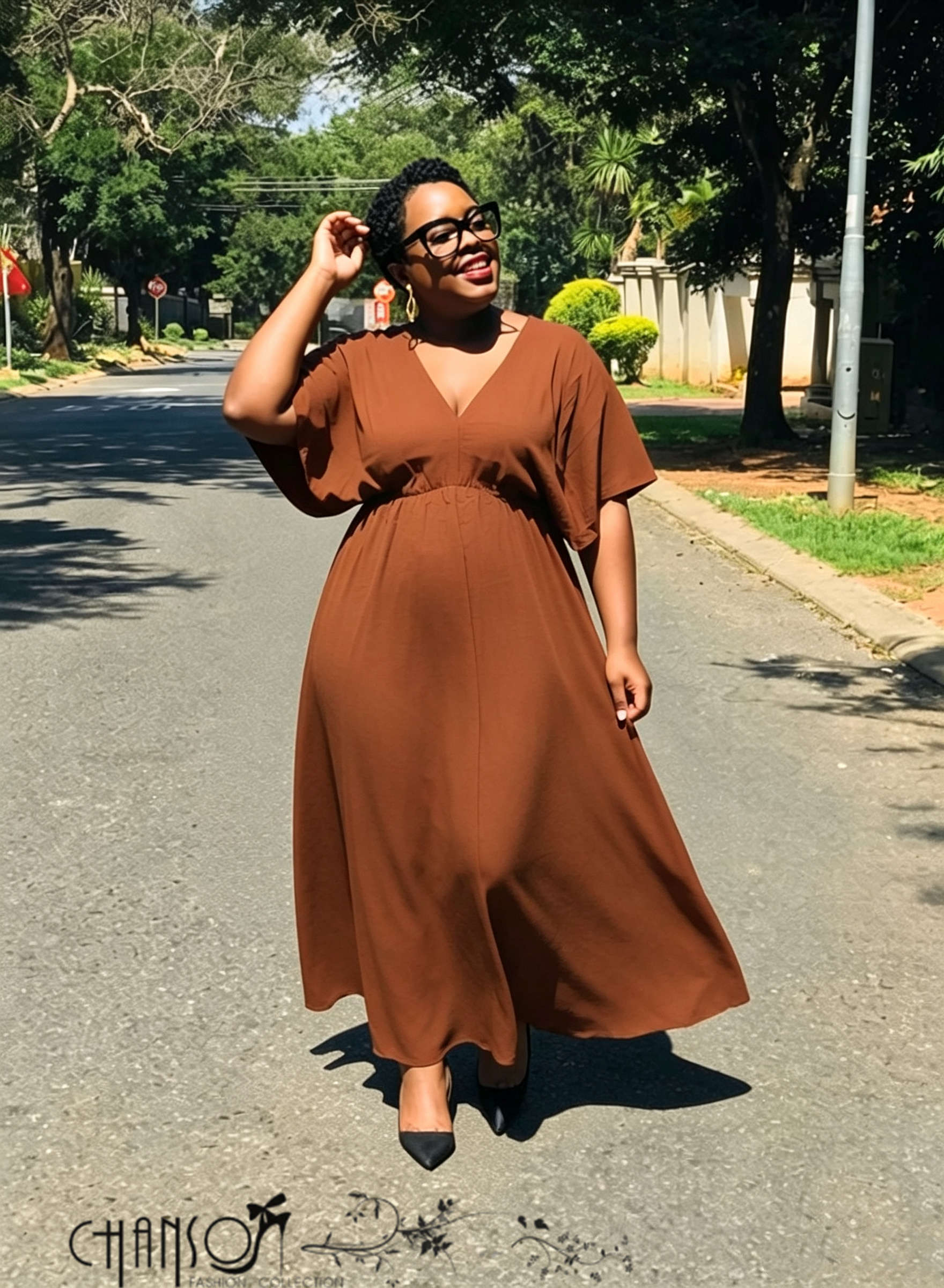 Coffee brown V-neck short-sleeve maxi dress with relaxed silhouette and flowy skirt