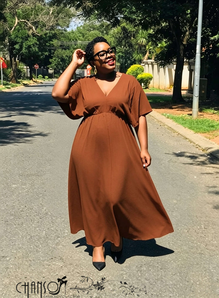 Coffee brown V-neck short-sleeve maxi dress with relaxed silhouette and flowy skirt