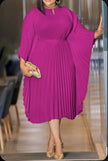 Pleated midi dress in violet-red with gathered neckline and long flared sleeves.