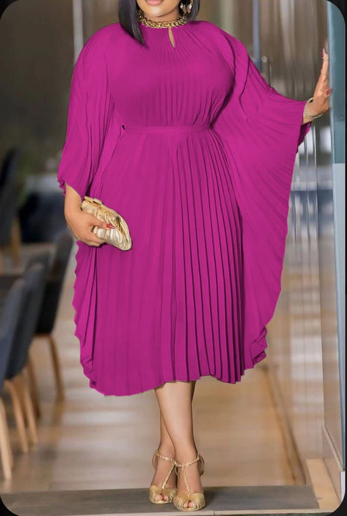 Pleated midi dress in violet-red with gathered neckline and long flared sleeves.